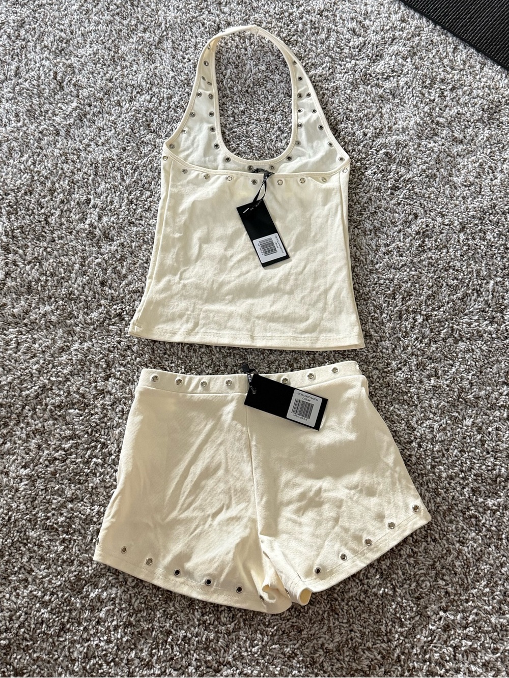 White Fox Boutique Cream Eyelet-Trim Tank & Short Lounge Set - Picture 3 of 5